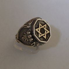 Men silver signet ring with gold Magen David.  Classic design men ring. Classic Silver Signet Ring For Ceremonial Occasions, Ceremonial Heirloom Silver Signet Ring, Classic Sterling Silver Signet Ring For Ceremonial Events, Classic Polished Star Shaped Signet Ring, Classic Star-shaped Signet Ring With Polished Finish, Classic Star Shaped Signet Ring With Polished Finish, Ceremonial Sterling Silver Hallmarked Signet Ring, Ceremonial Hallmarked Sterling Silver Signet Ring, Classic Silver Star Shaped Rings