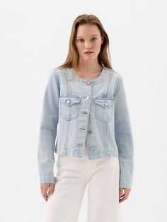 Collarless Denim Jacket | Gap Factory Collarless Denim Jacket, Jean Coat, Stretch Denim, Jean Jacket, Round Neckline, Spring Fashion, Gap, Denim Jacket, Jackets For Women