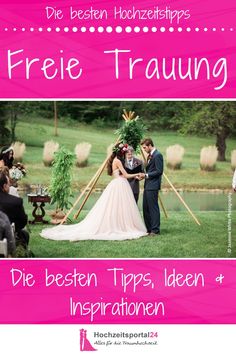 a couple getting married in front of a pink background with the words frie traung