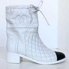 No Trades. Conditions: Brand New Comes In Original Box And Dust Bag Brand: Chanel Style: Crumpled Calkskin Short Boots Origin: Made In Italy Color: White Black Features: - Upper: Leather - Sole: Leather - Insole: Leather - Heel: 1.5", 10" Calf Opening Shoes Chanel, Chanel Style, Black Features, Chanel Fashion, Bag Brand, Chanel Shoes, Short Boots, Leather Heels, Calf Skin