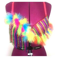 For All You Rave, Edm And Festival Fans. Custom-Made Festival Razorback Bra. Some Padding Puff Feather Trim With Multiple Color Beads. Snap Front With Lace T Back. #Ravelife Rainbowcore Fashion, Bead Bra, Rave Edm, Secret Room, Rave Bra, Feather Trim, Color Beads, Rave Wear, Multiple Color