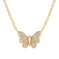 Add a touch of whimsy to your look with this charming butterfly necklace. Crafted in 10k yellow gold, this necklace features a stationary butterfly pendant that is decorated with sparkling diamonds. The diamonds are 1/15ctw, I in color, and I2 in clarity. The pendant measures 7.5mm in length and 11mm in width and the chain can be worn at 16 or 18 inches in length. Diamond Butterfly Necklace With Diamond Accents, Yellow Gold Diamond Butterfly Necklace With Charm, Gold Butterfly Necklace With Diamond Accents, Diamond Butterfly, Wedding Day Jewelry, Yellow Gold Necklace, Engagement Ring Guide, Butterfly Necklace, Butterfly Pendant