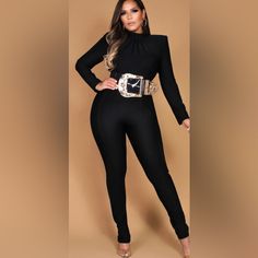 **Belt Not Included** Shoulder Pads Mock Neck Back Zipper Closure Materials: Bandage (90% Rayon, 9% Nylon, 1% Spandex) Item Runs True To The Size Model Wearing Size Medium Colour May Vary Due To Lighting On Images Length Approx 53” Laying Flat Fitted Belted Jumpsuits And Rompers For Date Night, Chic Fitted Jumpsuits And Rompers With Belt, Fitted Belted Evening Pantsuit, Fitted Party Bottoms With Belt, Black Belted Jumpsuit For Party, Fitted Belted Pantsuit For Fall, Fitted High Waist Pantsuit For Going Out, Fitted High-waisted Pantsuit For Going Out, Going-out Fitted High Waist Pantsuit