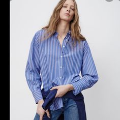 Brand New. Stripped Oversized Shirt. Front Button Closure. Very Soft. 100% Cotton. Can Be Worn As Size M And Even On Am It Will Look Oversized. Oversized Blue Top With Striped Collar, Blue Oversized Top With Striped Collar, Blue Blouse With Striped Collar In Relaxed Fit, Blue Blouse With Striped Collar And Relaxed Fit, Blue Blouse With Striped Collar For Daywear, Blue Shirt With Striped Collar For Daywear, Zara Striped Blouse For Work, Blue Zara Shirt For Daywear, Zara Blue Shirt For Daywear