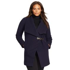 NWT Lauren RALPH LAUREN Women's Wool-Cashmere Shawl Collar Buckled Drape-Front Coat Regal Navy With an oversized collar and chic equestrian-inspired buckled tabs at the waist, this wool-and-cashmere-blend coat adds instant polish to any ensemble. Perfect for a frigid day. Drape-front shawl collar Long sleeves with clean-finished cuffs. Side on-seam pockets. Faux-leather tab with a gold-toned buckled closure at the left waist. Straight hemline. Princess seams at the back. Fully lined. Shell: 70% Draped Coat, Plus Style, Coat Plus Size, Peacoat Jacket, Cashmere Shawl, Plus Size Coats, Wool Peacoat, Belted Coat, Wool Blend Coat