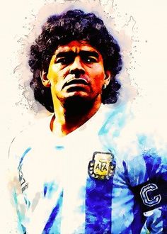 an artistic painting of a soccer player in blue and white uniform with his hands on his hips