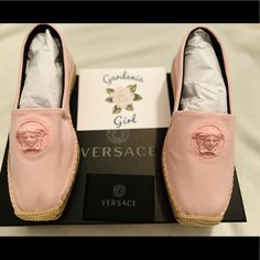 Hi Beautiful :) Get These Cute Versace Espadrilles 100% Authentic Size 37 Light Pink Made In Spain Canvas With Medusa Emblem Jute Insole Rubber Sole With Traction They Retail For $500 At Saks Rn With Box And Authenticity Cards And Dust Bag No Returns. No Scams :( Versace Pink, Versace Shoes, Espadrille Shoes, Rubber Sole, Versace, Light Pink, Espadrilles, Dust Bag, Spain