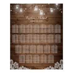 the rustic mason jars seating chart is displayed on a wooden wall with string lights strung over it