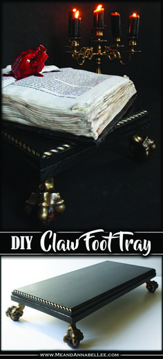 an old book is sitting on a table with candles in the background and text overlay that reads diy claw foot tray