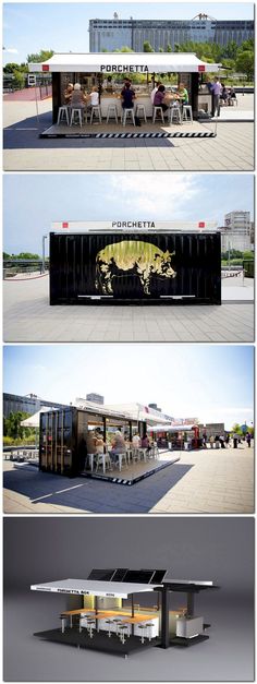 three different views of the outside of a building with people sitting at tables in front of it