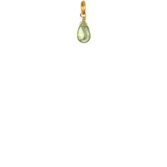 Peridot is a birthstone for August, a gem that ranges from light to deep yellow-green, known as a stone of healing that encourages assertive confidence and alleviates stress and resentment. Charm measures approximately 5/8" x 1/4" and is 22K gold-dipped with semi-precious peridot briolette gem. Deep Yellow, August Birthstone, Gold Dipped, August Birth Stone, 22k Gold, Belly Button Rings, Birthstone, Semi Precious, Gems