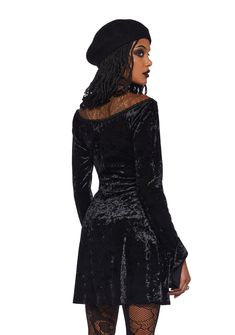 Look witchy and glamorous in this mini dress that has a stretchy crushed velvet construction, a v-neckline, long sleeves with bell cuffs,and a lace trim. Snake Skin Dress, Velvet Mini Dress, Black Velvet Dress, Mini Velvet Dress, Crushed Velvet, Velvet Dress, Dolls Kill, Gothic Fashion, Exclusive Collection