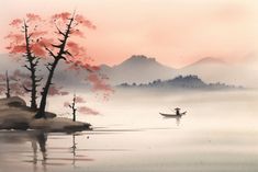 a painting of a person in a boat on a lake with trees and mountains in the background