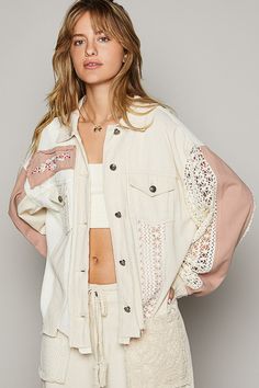 POL Oversized Crochet and Embroidery Jacket in Ivory – June Adel Cream Patchwork Cotton Outerwear, Cream Cotton Outerwear With Patchwork, Oversized Embroidered Cotton Outerwear, Spring Cotton Outerwear With Lace Trim, Casual Spring Outerwear With Lace Trim, Beige Patchwork Button-up Outerwear, Spring Oversized Embroidered Outerwear, Oversized Embroidered Outerwear For Spring, Fall Beige Outerwear With Floral Embroidery