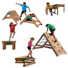 children playing on wooden play structures made from pallet boards and wood planks,