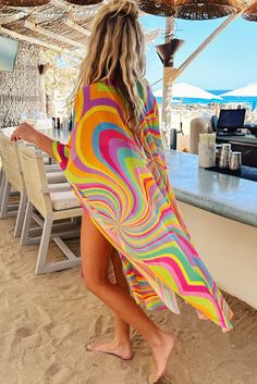 Multicolor Swirling Print Sheer Beach Cover-up Sarong Spring Multicolor Swimwear For Beach Cover-up, Multicolor Flowy Cover-up For Beach Party, Multicolor Beachy Dress For Poolside, Rainbow Swimwear For Beach Season Vacation, Rainbow Swimwear For Beach Vacation, Multicolor Beach Dress For Vacation, Multicolor Beach Dress For Summer Parties, Multicolor Beach Dress For Spring Beach Party, Multicolor Beach Dress For Poolside