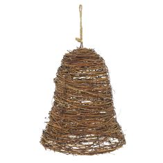 a bird house made out of twigs on a white background with the top hanging down