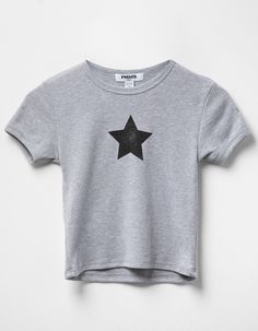 Rsq Star Baby Tee. Rib Knit Fabric. Distressed Star Graphic Screened At Center Chest. Ribbed Crew Neckline. Short Sleeve. Shrunken Fit. 60% Cotton, 40% Polyester. Machine Wash. Imported. Casual Stretch Top With Star Print, Trendy Fitted Tops With Star Print, Fitted Star Print Tops For Fall, Fitted Tops With Star Print For Fall, Trendy Spring Top With Star Print, Trendy Spring Star Print Top, Crew Neck Tops With Star Logo For Summer, Casual Summer Tops With Star Logo, Trendy Black Top With Star Patch