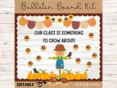 a bulletin board kit with scarecrows and pumpkins on the front, and an image of a scarecrow