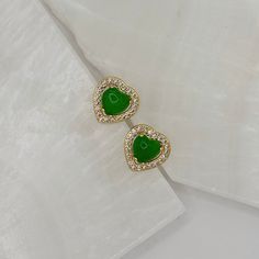 18K gold, stainless steel green jade earrings Green Jade Earrings For Pierced Ears, Green Fine Jewelry Drop Earrings, Fine Jewelry Green Drop Earrings, Elegant Dark Green Jade Jewelry, Yellow Gold Jade Earrings, Green Jade Earrings For May Birthstone, Fine Green Jade Jewelry, Green Gold Plated Round Earrings, Green Gold-plated Round Earrings