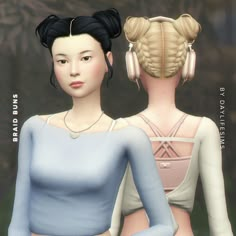 two female avatars are standing next to each other with headphones in their ears