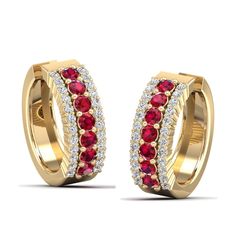 Introducing our exquisite ruby and diamond hoop earrings, a perfect blend of elegance and sophistication. Crafted with precision, these earrings feature lustrous rubies and dazzling diamonds set in a timeless hoop design. The vibrant red hue of the rubies adds a touch of allure, while the sparkling diamonds enhance their brilliance. Metal: 14K Gold Setting Type: Prong Rhodium Finish: Yes, on White Gold Gemstone Details: Gemstone: Ruby Shape: Round Average Dimensions: 2.50 MM Quantity: 14 Average Luxury Red Diamond Earrings, Red Diamond Earrings In Fine Jewelry Style, Red Diamond Earrings With Brilliant Cut, Red Diamond Earrings Fine Jewelry, Fine Jewelry Red Diamond Earrings, Red Diamond Earrings For Anniversary, Elegant Red Hoop Earrings For Formal Occasions, Classic Red Diamond Earrings With Accents, Red Cubic Zirconia Classic Diamond Earrings