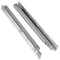 two metal drawer slides with one sliding door open and the other closed, on a white background