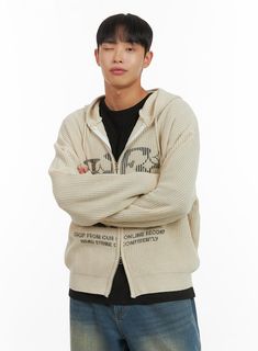 Product Detail Style : Street, Acubi Occasion : Back to school Type : Men Detail : Zip up, Hood Print : Graphic Material : Acrylic Sleeve : Long sleeve Neck : Hood Fit : Loose fit Acrylic100 Color : Light beige, Light blue, Dark gray, Black Made in Korea Model Size Model is wearing size M/L and the color Light beige. Height : 5'9" | 176cm / Top : M / Bottom : L (30 inch) .prddescription table, .prddescription td, .prddescription th { border : 1px solid black; border-collapse : collapse; padding: Hooded Outerwear For Leisure In Winter, Hooded Winter Outerwear For Leisure, Leisure Winter Hoodie Outerwear, Casual Sweater With Ribbed Collar For Outdoor, Casual Hoodie Outerwear With Letter Print, Casual Hooded Jacket With Letter Print, Casual Letter Print Hoodie Outerwear, Casual Long Sleeve Hooded Jacket With Letter Print, Cotton Hoodie Sweater For College