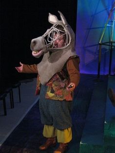 a man in costume standing on stage with a horse mask and head covering over his face