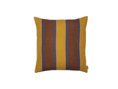 a brown and blue striped pillow on a white background