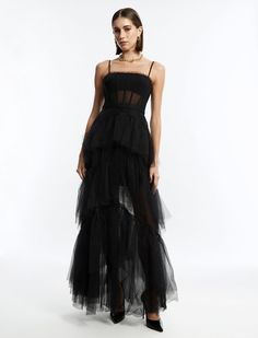 Black Oly Tiered Ruffle Tulle Gown | Dresses | BCBGMAXAZRIA Evening Gown With Ruffled Tulle Skirt, Evening Tiered Gown With Ruffled Skirt, Evening Tiered Tulle Gown, Tiered Tulle Gown For Gala, Tiered Tulle Gown For Evening, Evening Dresses With Spaghetti Straps And Ruffled Skirt, Tiered Tulle Gown With Ruffles, Elegant Gown With Spaghetti Straps And Ruffles, Fitted Gown With Spaghetti Straps And Ruffles