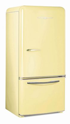 a yellow refrigerator freezer sitting on top of a white floor next to a wall