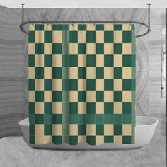 a bathroom with a green and yellow checkered shower curtain in the middle of it