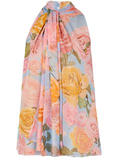 multicolour floral print gathered tie neck rear hook fastening sleeveless curved hem Balmain Coat, Balmain Tweed, Blouse High Neck, Silk Mini Skirt, Balmain Clothing, Paris Woman, Tie Neck Blouse, Haute Couture Fashion, Floral Print Blouses