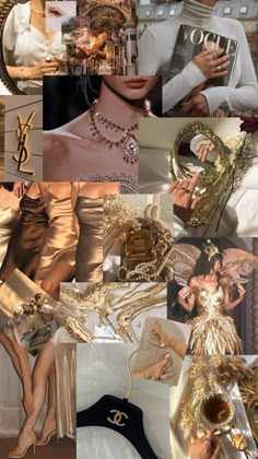 a collage of photos with gold and white accessories on it's sides, including dresses, shoes, necklaces, purses and jewelry