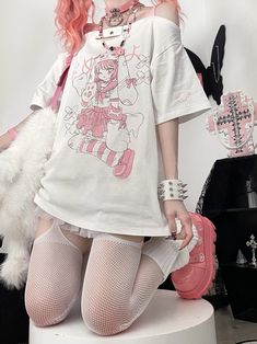 The price is for a T-shirt only, others are not included. Garment Size SizeFree SizeFull Length72Bust116Shoulders53Sleeve Length21 White Kawaii Crew Neck Top, White Short Sleeve Top With Cartoon Print, White Kawaii Tops With Graphic Print, Harajuku Style White Summer Top, White Kawaii Top With Graphic Print, Harajuku White Summer Top, White Harajuku Style Tops For Summer, White Harajuku Style Summer Tops, Harajuku Style Cotton Tops For Spring