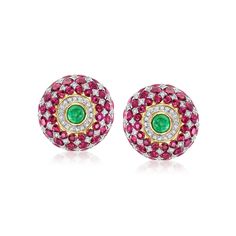 Ross-Simons - C. 1980 Vintage 8.00ct t. w. Ruby, 1.32ct t. w. Diamond, .80ct t. w. Emerald Checkerboard Earrings. C. 1980. Glamorous and attention-grabbing, these compelling Estate collection earrings offer a bold gemstone look that will become the focal point of your outfit! Here, .80 ct. t. w. round emerald cabochons glow amid a gorgeous 8.00 ct. t. w. round ruby and 1.32 ct. t. w. round brilliant-cut diamond checkerboard design. Finely crafted in polished 18kt yellow gold. Clip/post, diamond, Jewelry Presentation, Emerald Birthstone, May Birthday, Fine Jewelery, Emerald Stone, Ruby Diamond, Round Brilliant Cut Diamond, Estate Jewelry, Vintage Watches