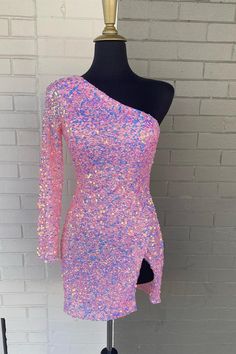 One Shoulder Pink Sequin Bodycon Mini Party Dress with Slit Tea Length Prom Dress, Tiffany Blue Color, Sequin Homecoming Dress, One Shoulder Prom Dress, Pink Homecoming Dress, Tight Mini Dress, Hot Pink Dresses, Short Homecoming Dress, Sequin Party Dress