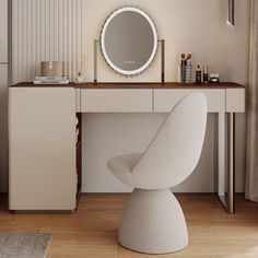 a white chair sitting in front of a desk with a mirror on top of it