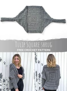 a crocheted sweater with the text, tulip square shrug free crochet pattern