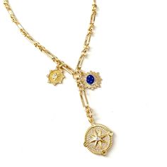 Custom Multi Charm Mixed Paperclip Chain Necklace 18k Gold Filled Chain Measures 18 Inches With 2 Inch Adjustable Extender. May Be Worn Shorter As Well. 2.5 Inch Pendant Chain Drop. Lobster Clasp. Beautiful North Star Pave Compass Medallion. Blue Enamel Sunburst Moon Stars Medallion Measures 19mm Absolutely Stunning! Blue Gold-plated Charm Necklace With Adjustable Chain, Blue Adjustable Gold-plated Chain Necklace, Blue Adjustable Gold Plated Chain Necklace, Blue Gold-plated Chain Necklace With Adjustable Chain, Dark Pearl Necklace, Paperclip Chain Necklace, Tahitian Pearl Necklace, Rhinestone Statement Necklace, Necklace Charms