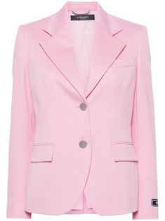 light pink stretch-wool twill weave notched lapels long sleeves with faux buttoned cuffs appliqué logo at the sleeve chest welt pocket two front flap pockets American rear vent straight hem multiple internal slip pockets silk lining front button fastening signature Medusa Head buttons Pink Business Blazer With Button Closure, Elegant Pink Blazer With Welt Pockets, Elegant Pink Outerwear With Welt Pockets, Pink Suits With Button Closure For Work, Luxury Pink Blazer With Notch Lapel, Pink Blazer With Button Closure For Formal Occasions, Pink Formal Blazer With Button Closure, Luxury Pink Suits For Work, Tailored Pink Blazer With Hidden Button Closure