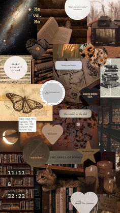 the collage shows many different images and words on it, including bookshelves