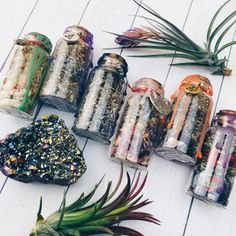 several bottles filled with different types of items on top of a wooden floor next to plants