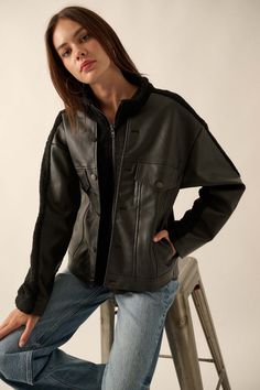 Big Rig Vegan Leather and Sherpa Trucker Jacket - ShopPromesa Chic Winter Leather Jacket With Pockets, Chic Leather Jacket With Pockets For Winter, Trendy Leather Jacket With Flap Pockets For Winter, Trendy Leather Jacket With Pockets For Cold Weather, Trendy Winter Leather Jacket With Faux Pockets, Winter Biker Jacket With Flap Pockets, Text Codes, Sherpa Trucker Jacket, Faux Fur Sweater