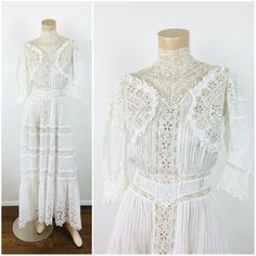 Antique / Vintage Early 1900s White Cotton Lawn Dress - high neckline - fine delicate lace at top - cotton eyelet & lace ruffles - puff pleated shoulder / sleeve - fine pin tuck pleats especially at waistline - tiered skirt w/ eyelet & lace - hook / button closures at back - ruffled hem - fine white cotton material great vintage condition for age, we are listing a lot of edwardian / victorian pieces this week, they may have missing or replaced buttons/hooks, have small holes, patches or repairs White High Neck Dress For Wedding, High Neck White Dress For Wedding, White Fitted Vintage Victorian Dress, Feminine Fitted Lace Victorian Dress, High Neck White Wedding Dress, Vintage White Victorian Dress With Lace Collar, Classic Fitted White Victorian Dress, White Fitted Classic Victorian Dress, Elegant Fitted Victorian Dress With Lace Work