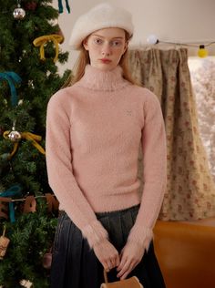 ❤Imitation mink turtleneck sweater❤︎ Pink High Neck Top For Winter, Casual Pink Winter Turtleneck, Winter Funnel Neck Pink Sweater, Pink Funnel Neck Sweater For Winter, Pink Turtleneck Top For Winter, Ladies Turtleneck Sweaters, Layer Top, Knitted Romper, Base Layer