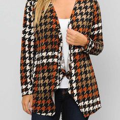 Classy Houndstooth Long Sleeve Cardigan So Cute And Cozy! Perfect For Fall And Winter. * New With Tags * Color: Brown, Tan, Orange, Beige * Light Weight Material * Classic Look * Multiple Sizes! Casual Houndstooth Pattern Sweater For Fall, Casual Houndstooth Sweater For Fall, Fall Houndstooth Pattern Sweater For Workwear, Fall Houndstooth Pattern Sweater For Work, Fall Houndstooth Sweater For Work, Houndstooth Pattern Top For Fall, Houndstooth Long Sleeve Cardigan For Work, Long Sleeve Houndstooth Cardigan For Fall, Casual Houndstooth Cardigan For Workwear