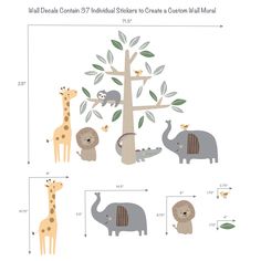 the wall decals are designed to look like animals and trees, with numbers on each side