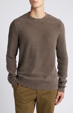 Rolled edges and reversed seams relax the vibe of this sweater knit from cotton-blend yarns and finished with a soft wash that perfectly breaks in the look and feel. Crewneck Long sleeves with ribbed cuffs 60% cotton, 40% acrylic Machine wash, dry flat Imported Cotton Crew Neck Knit Sweater, Casual Washed Crew Sweater, Casual Washed Crew Neck Sweater, Casual Cotton Knit Sweater, Winter Washed Crew Neck Sweater, Crew Neck Washed Sweater For Winter, Washed Crew Neck Sweater For Winter, Cotton Crew Neck Sweatshirt With Knit Fabrication, Cotton Crew Neck Knit Sweatshirt